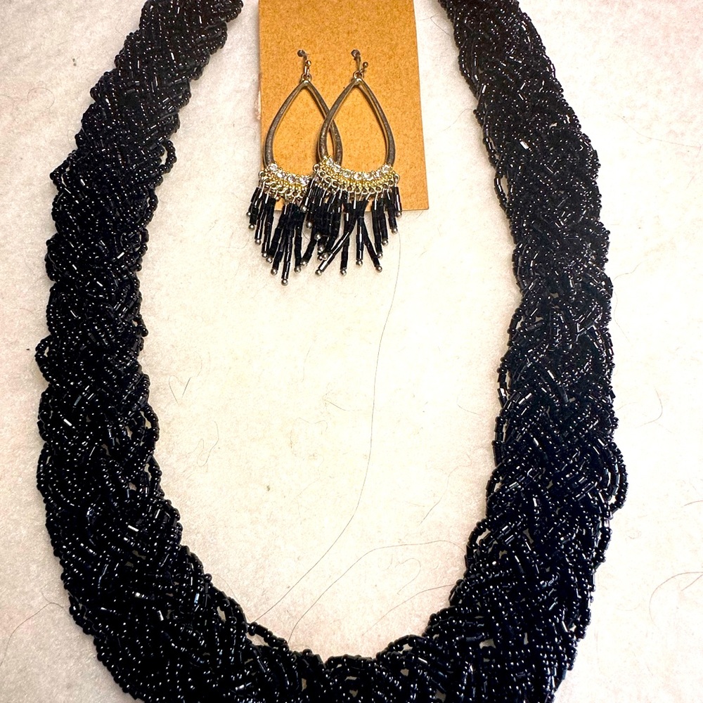 Black Beaded Faux Onyx Braid Necklace Earrings Set